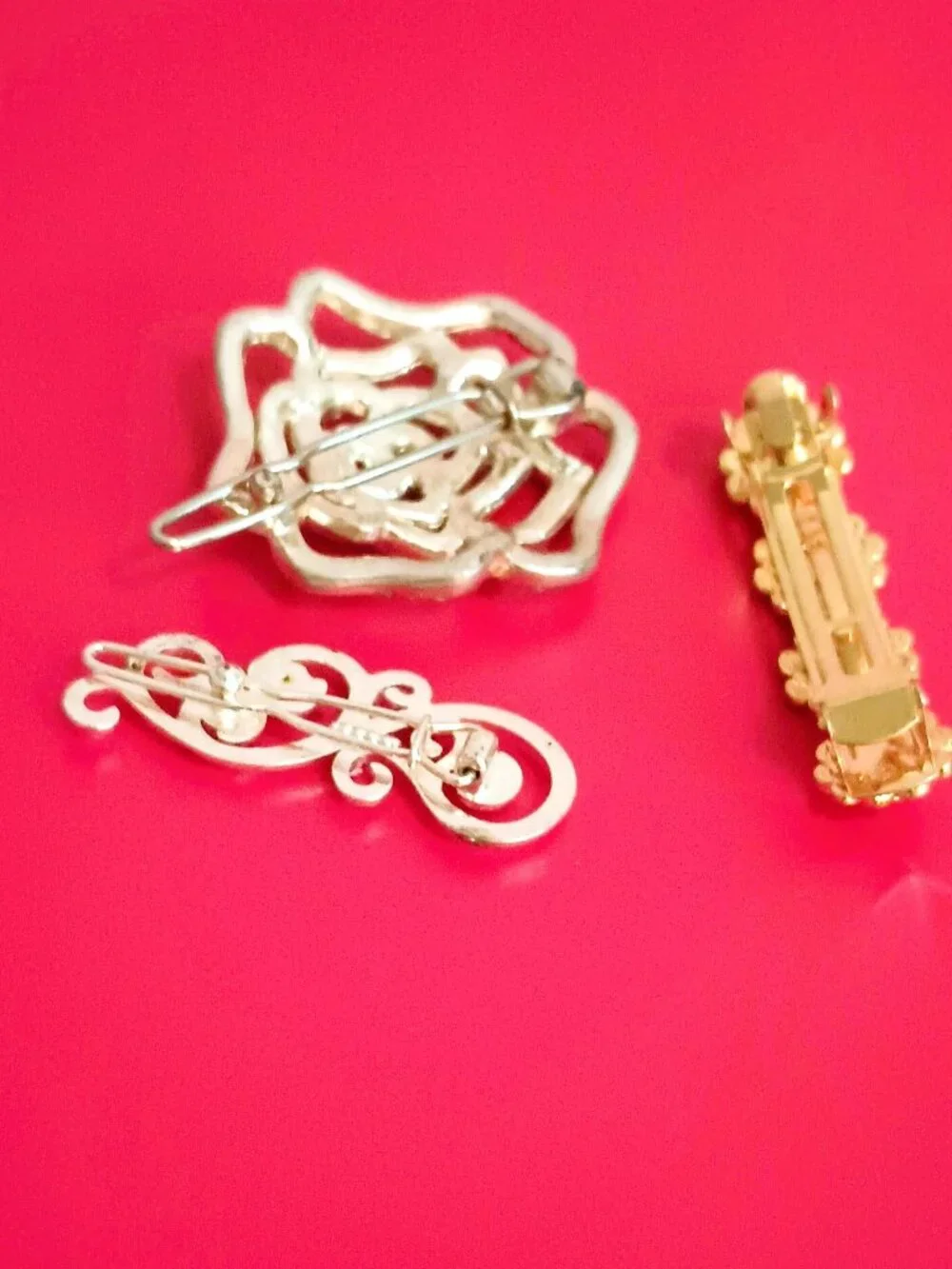 3 Pc Floral Rhinestone Hair Barrettes Gold Tone Daisy Pearl Silver Tone Pave
